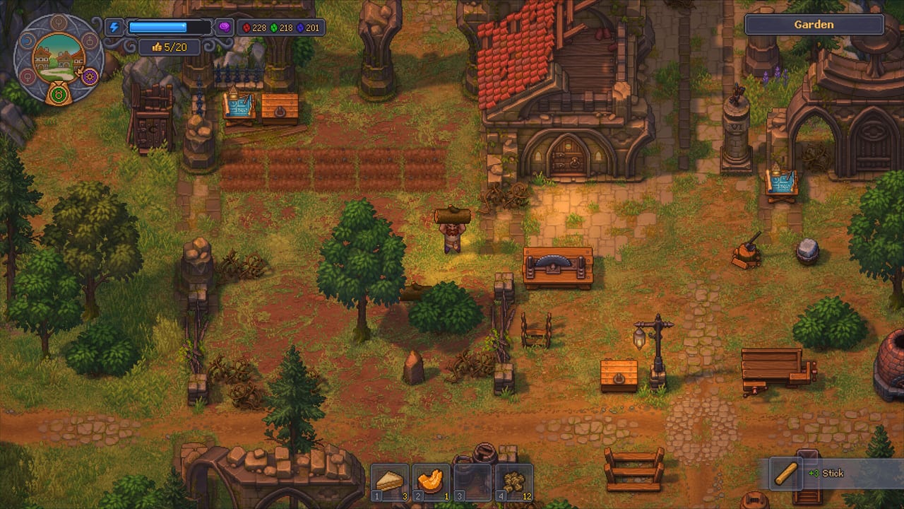 Graveyard Keeper 2 Garden screenshot: the Keeper carries a log past beds, benches, and a lantern