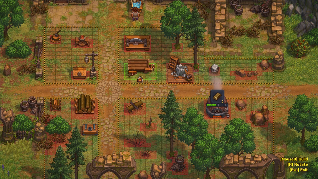 Graveyard Keeper 2 build-mode grid with saws, a furnace, and colored placement tiles
